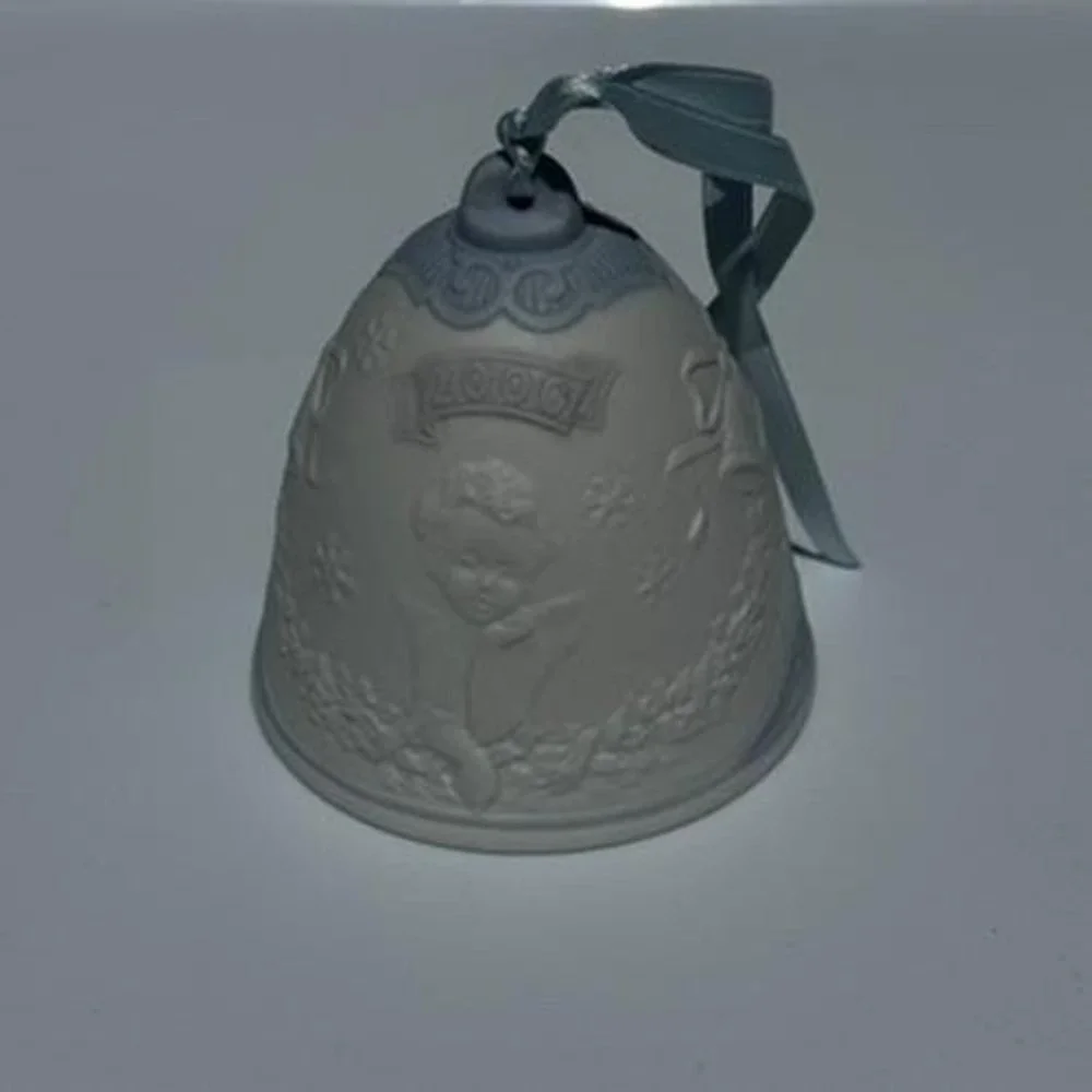 Lladro 2002 Christmas Bell Porcelain Ornament Angel Cherub Blue White Matte 3